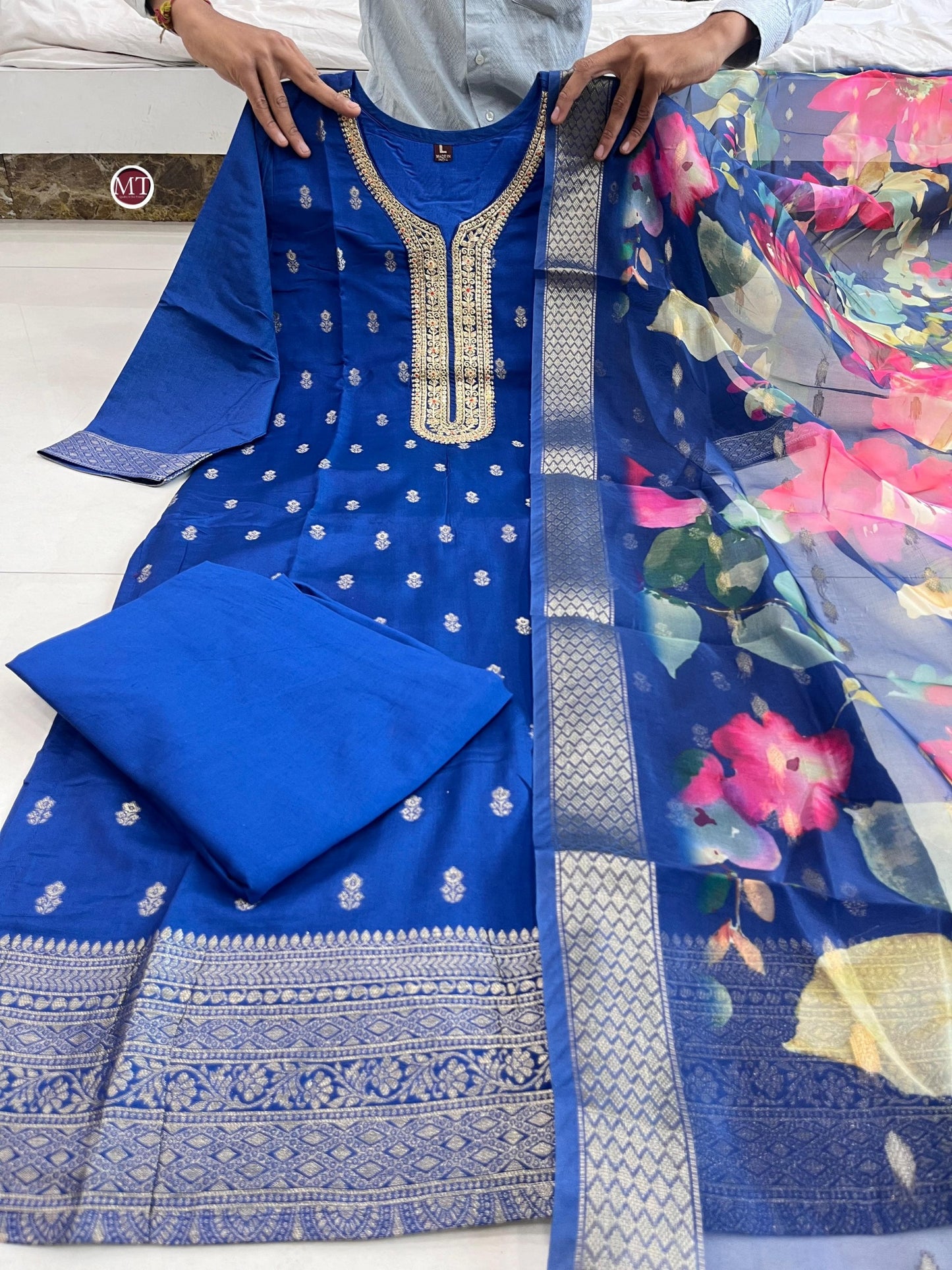 Blue banarasi cotton silk kurti pant set with dupatta