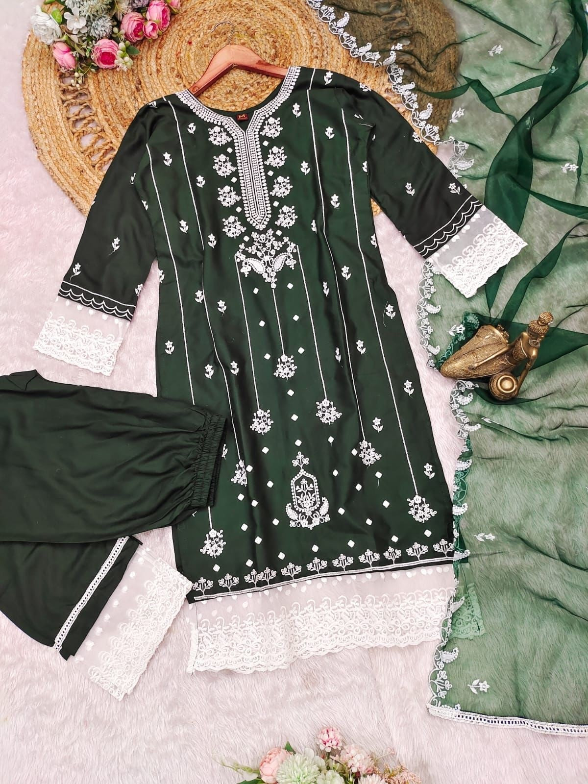 Green cotton embroidered kurti set