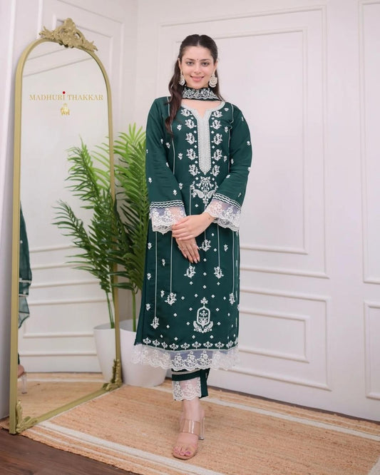 Green cotton embroidered kurti set
