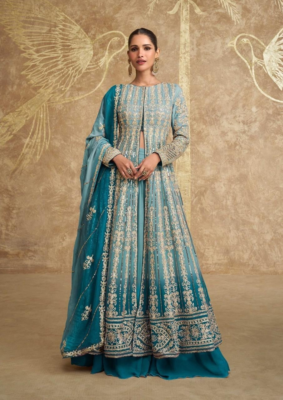 Premium georgette embroidered top and skirt set with dupatta