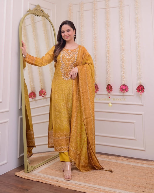 Yellow cotton kurti pant set with dupatta