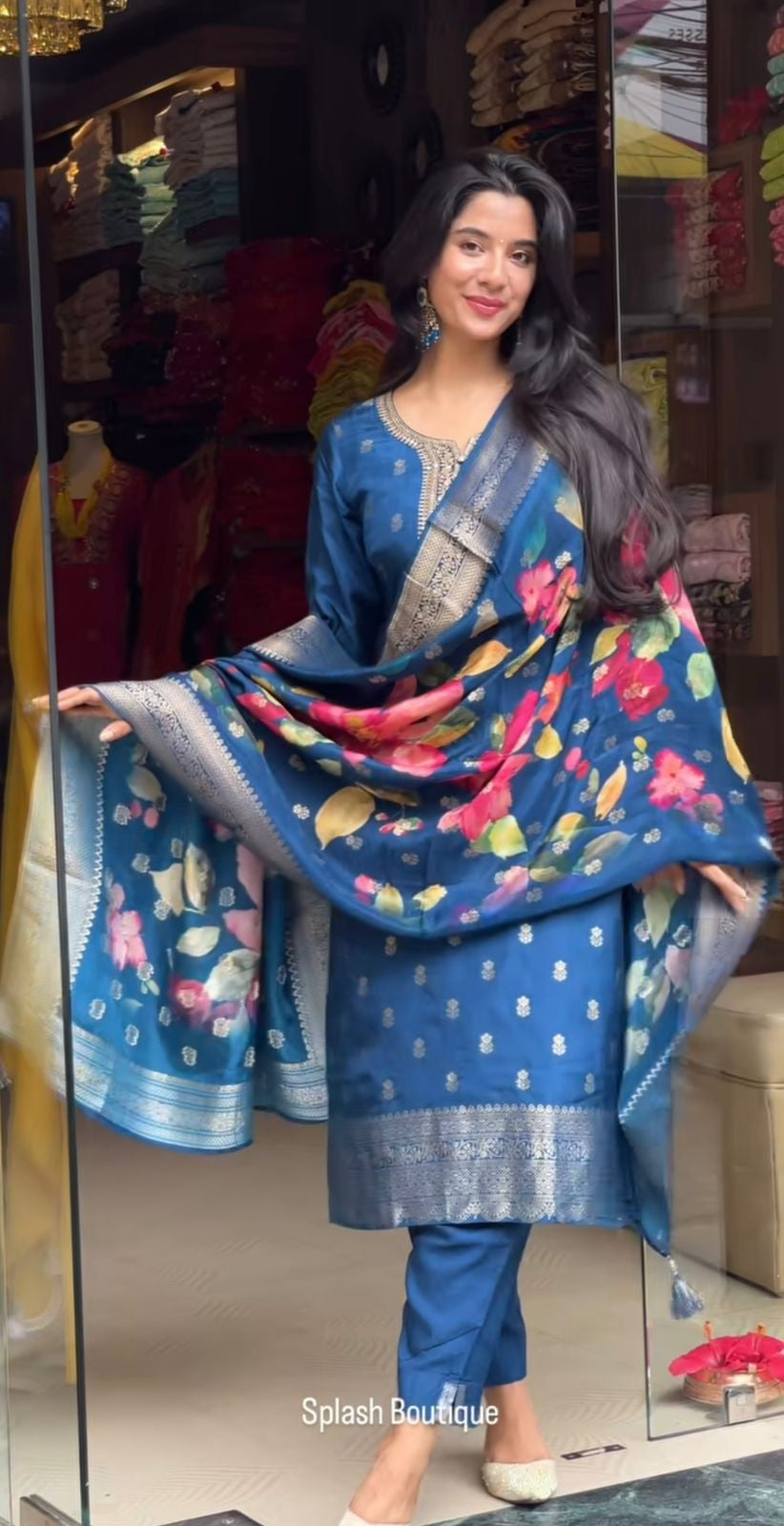 Blue banarasi cotton silk kurti pant set with dupatta