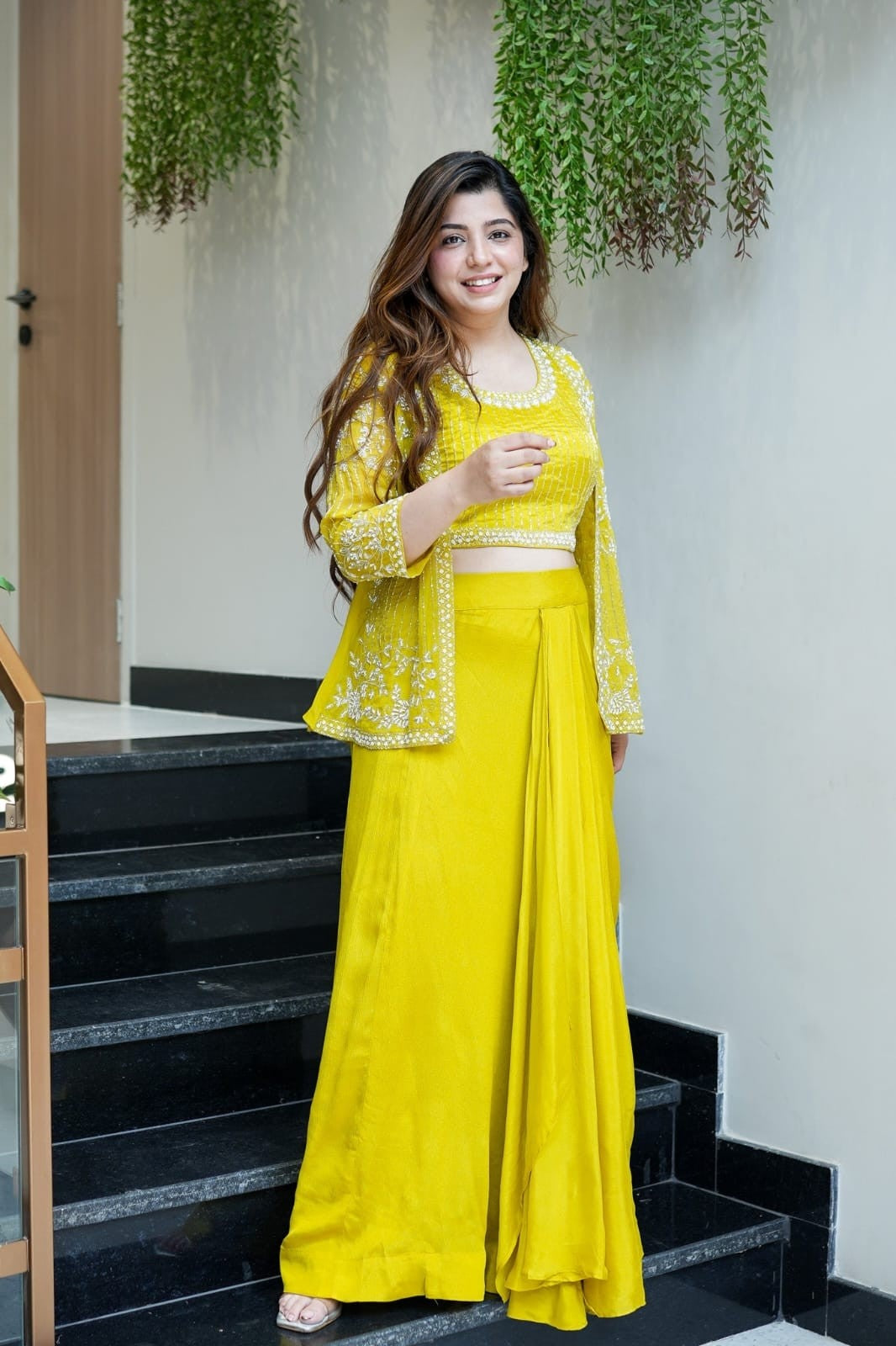 yellow colour stylish party indo western set
