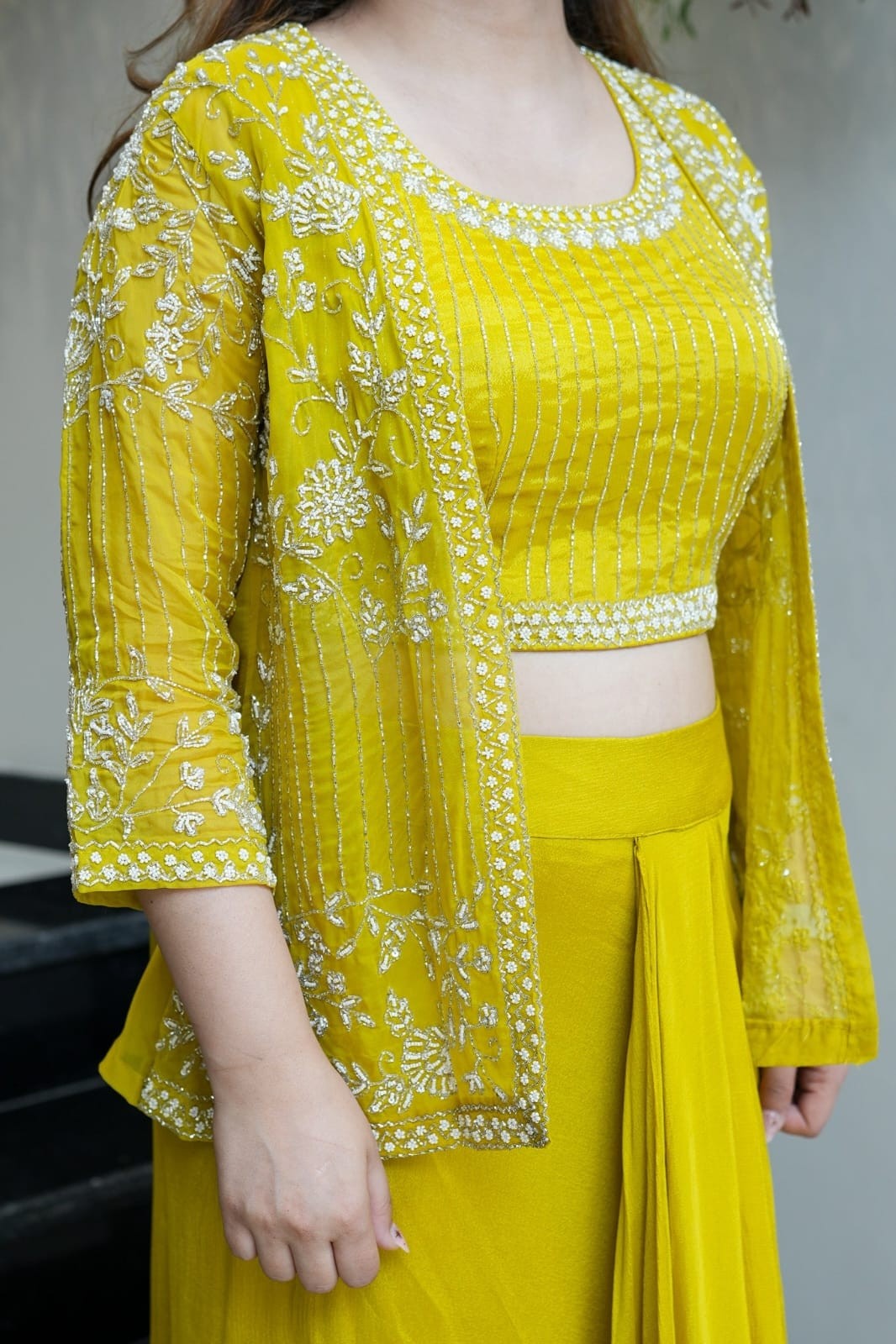 yellow colour stylish party indo western set
